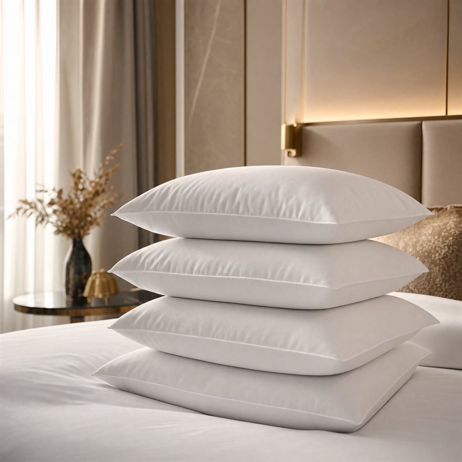 Fábrica de travesseiros GranToque - travesseiros de hotel empilhados em cama de luxo